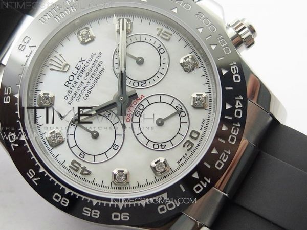 Daytona 116519LN APSF White MOP Dial Crystals Markers On Rubber Strap Slim A7750 (same thickness as gen)